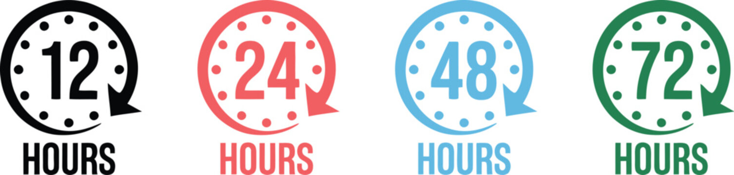 Hours clock vector icon set with twelve twenty four forty eight and seventy two hour badges isolated on white background