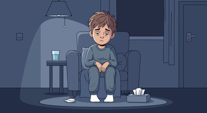 Illustration Of A Weary Person Sitting In A Dimly Lit Room Appearing Dejected And Tired