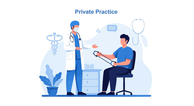 Illustration Of Doctor Consulting Patient and Providing Treatment In Private Practice Scene