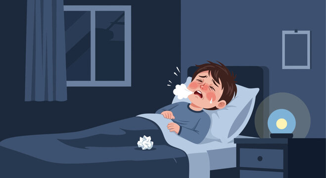 Illustration Of A Sick Child Suffering In Bed During The Evening Or Night