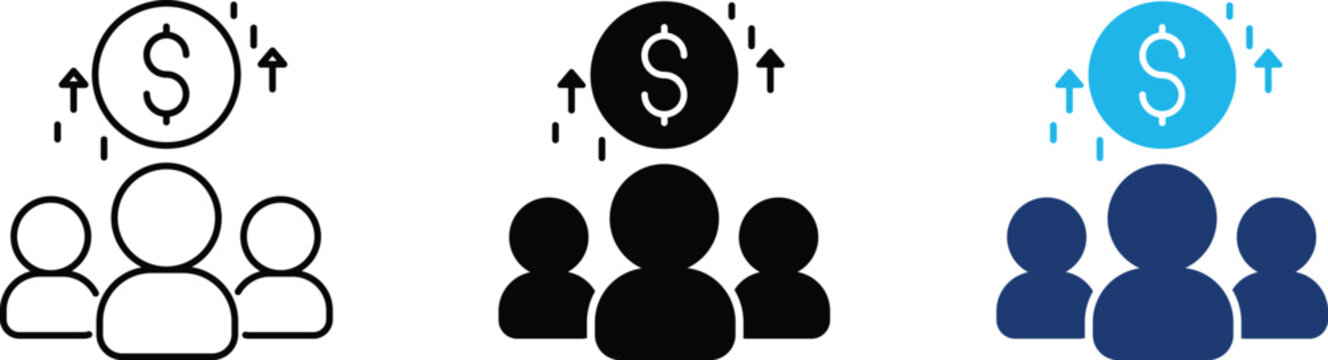 Crowdfunding icon set representing business financial growth, team revenue generation and group investment profit. Symbol of employee salary bonus, collective fund raising, dollar value increase