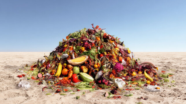 Decaying food waste pile in a hot climate showing extreme decomposition and realistic texture detail.