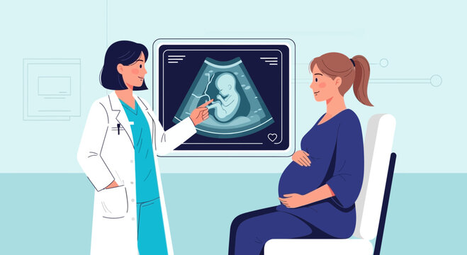 Illustration Of Doctor Showing Fetus Ultrasound To Expectant Mother In Clinic Environment