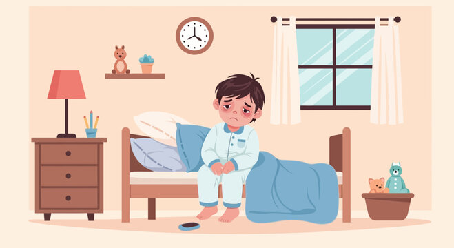 Illustration Of A Sleepy Young Boy Sitting On The Edge Of The Bed