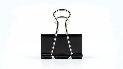Obraz premium A single black metallic binder clip with upright chrome handles, displayed neatly against a solid white backdrop.