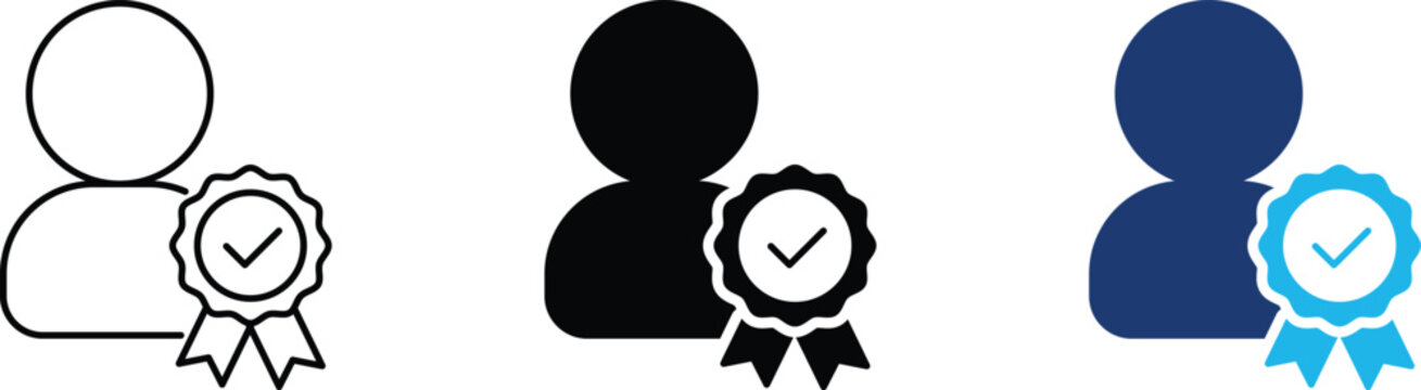 Verified user icon set representing certified employee profile, professional account qualification and expert reward badge. Symbol of human resources recruitment approval.