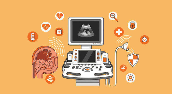 Illustration Of Futuristic Medical Ultrasound Scanner Detailing Pregnancy And Fetal Development