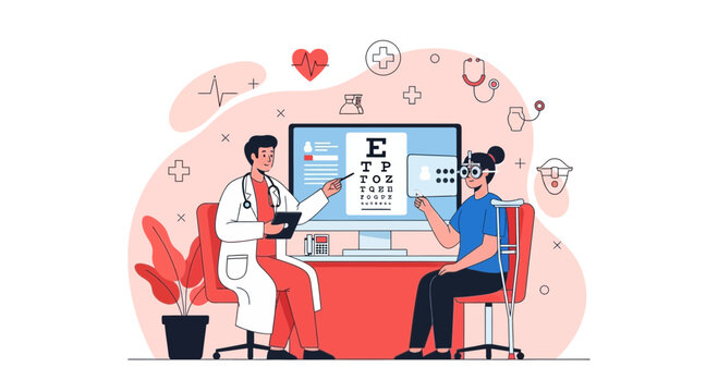 Illustration Of An Eye Doctor Examining A Patient's Vision With Modern Equipment