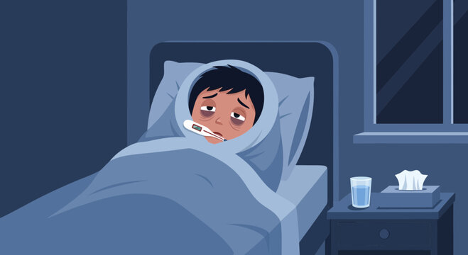 Illustration Of A Sick Person In Bed At Night Suffering From Flu Feeling Miserable