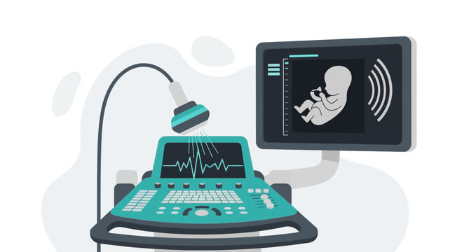 Illustration Of An Ultrasound Scanner Revealing A Baby During The Prenatal Examination