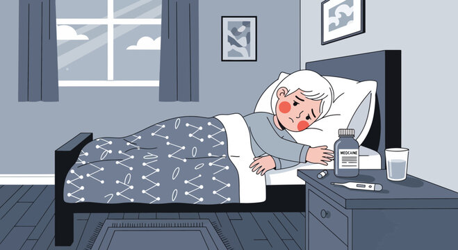Illustration Of A Sick Person In Bed With Cold Or Flu Feeling Unwell And Ill