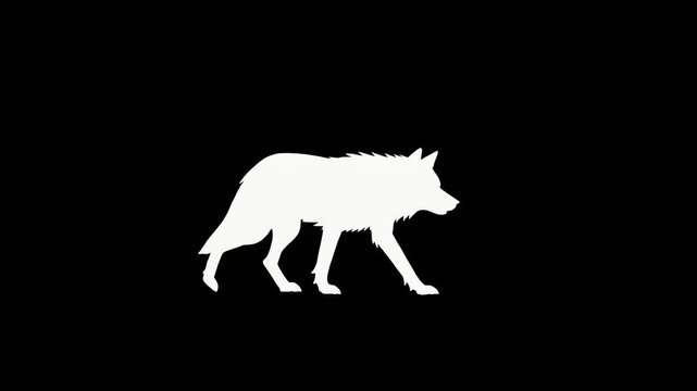 Silhouette of a white wolf walking from left to right against a black background, showcasing its profile and gait