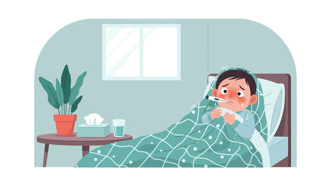 Illustration Of Child Having A Fever And Resting In Bed At Home In A Bedroom Setting