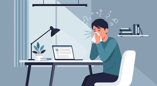Illustration Of A Sick Person Working At Home With Computer And Sneezing