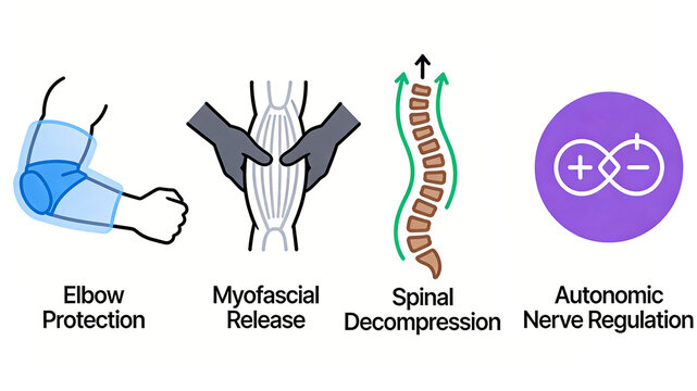 Elbow protection, hand massage, spinal curve and adjustment symbols, joint protection fascia relaxation and spinal decompression, suitable for protective equipment, massage guns and traction devices.
