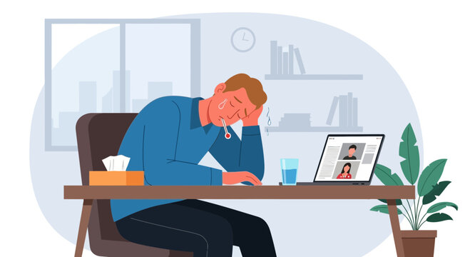 Illustration Of A Sick Worker, Having Online Meeting, Suffering From Illnes In His Office