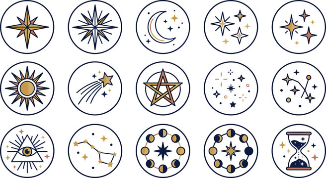 Mystical celestial sun moon star round icon set vector illustration on transparent background featuring astrology constellations moon phases pentagram eye providence hourglass esoteric symbols.