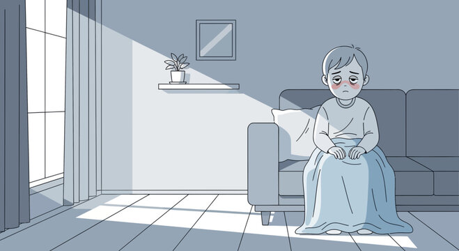 Illustration Of A Tired And Weary Person Sitting On A Sofa In A Contemporary Interior