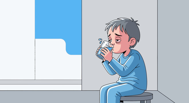 Illustration Of A Tired Boy Drinking Water Depicting Hydration And Thirst Relief
