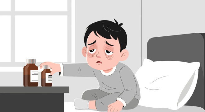 Illustration Of A Tired Child Reaching For Medicine Bottles Next To His Bed