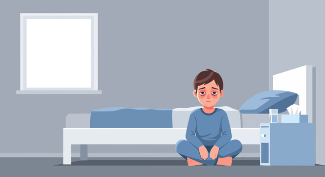 Illustration Of A Tired And Sleepy Child Sitting On The Floor In A Bedroom
