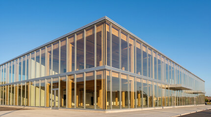 Obraz premium Modern Sustainable Architecture Building with Glass Facade and Exposed Timber Beam Structure