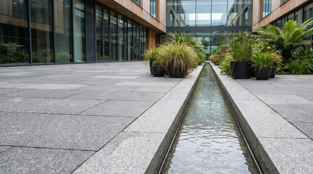 Modern Office Building Courtyard with Linear Water Feature and Lush Landscaping