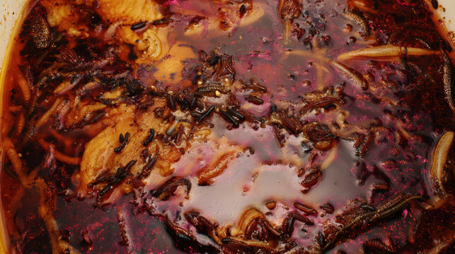 Decayed stew with liquefied maggots concentrated on the surface, showing decomposition and spoilage.