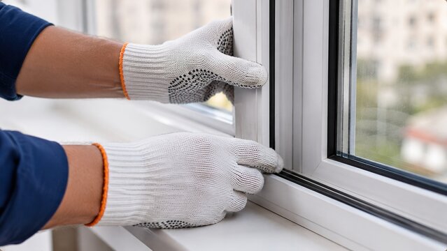 Installing window seals home interior diy content indoor environment close-up view home maintenance concept for improved energy efficiency