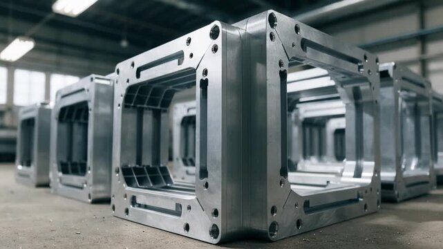 Medium shot of aluminum corner connectors assembling modular frame profiles highlighting precise Lshaped connections in industrial workshop lighting