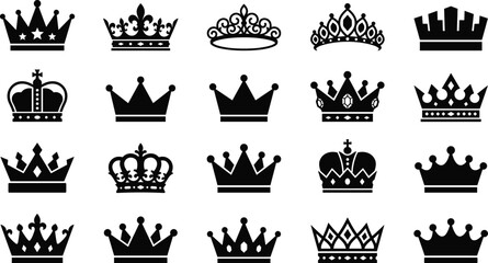 Collection of black crown icons, royal tiara silhouettes, king and queen symbols for luxury branding and heraldic design © razia
