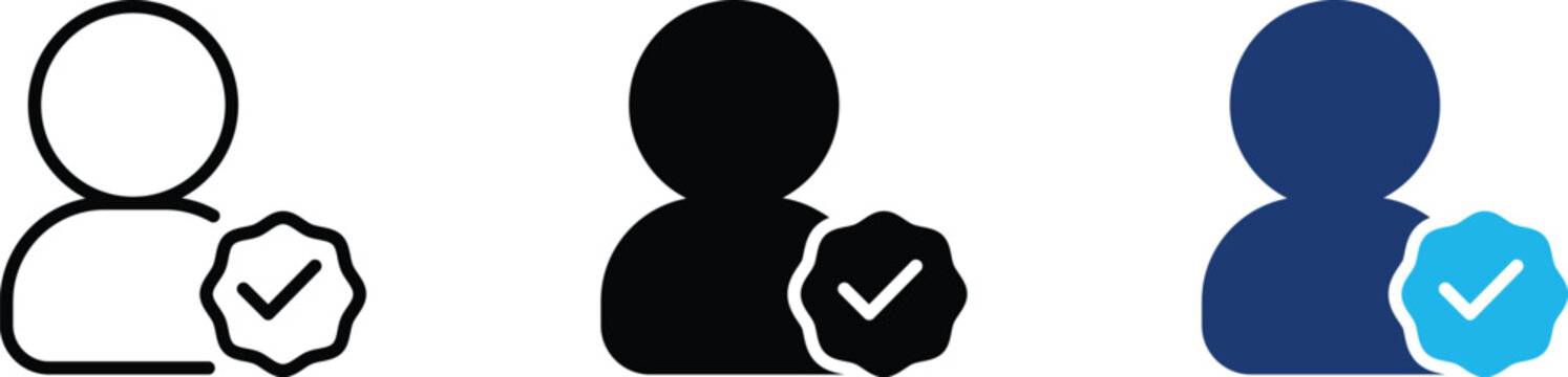 Verified user icon set representing trust account badge, premium member avatar verification and profile security seal. Symbol of social media checkmark stamp, certified employee registration