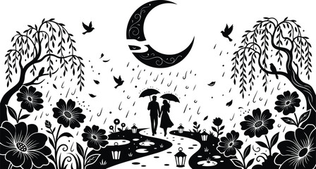Couple with umbrellas romantic rainy night illustration © MD ASADUZZAMAN