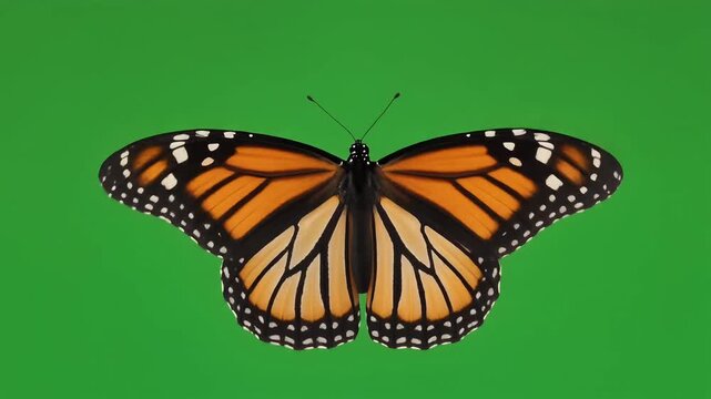 Vibrant monarch butterfly with wings spread wide, showcasing intricate orange and black patterns against a vivid green background, embodying natural beauty and insect grace