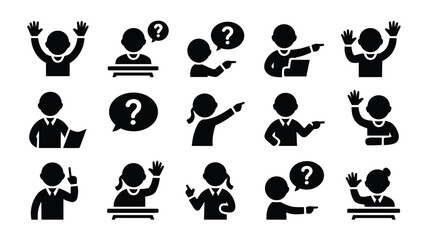 Obraz premium Set of 15 Black Human Silhouette Icons with Question, Pointing, and Waving Gestures