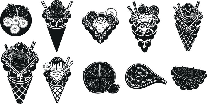 Sweet dessert vector bundle with black silhouettes of bubble waffle cones ice cream scoops fruits and tasty toppings