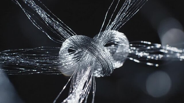 Intricate Silver Threads Forming a Knot and Radiating Outward Against a Dark, Shimmering Background