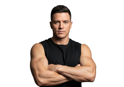 Confident muscular man posing with arms crossed against a plain background isolated on transparent background