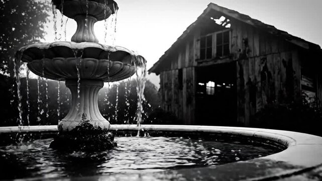 Black and white video of an ornate fountain with cascading water and an abandoned wooden barn in the background