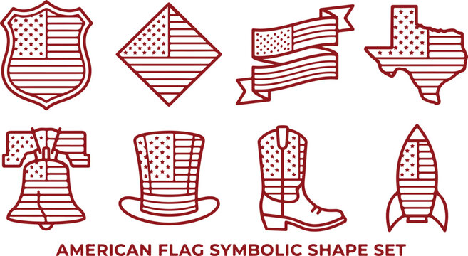 Collection of American flag symbolic shapes including shield diamond ribbon Texas bell hat boot rocket.