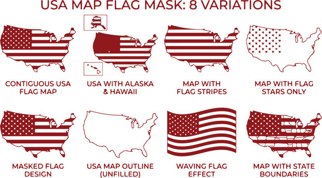 Eight variations of USA map with American flag designs including outlines stripes stars mask effect.