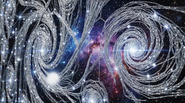 Intricate Silver Threads Weave a Cosmic Tapestry Amidst a Shimmering Galaxy