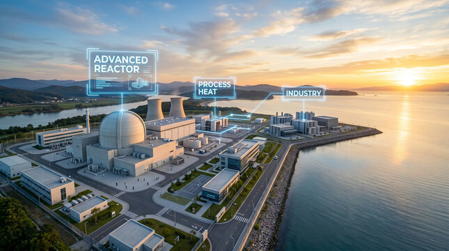 Modern nuclear power plant with advanced reactor technology and process heat digital overlay at sunset