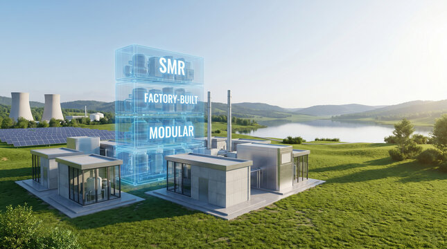 Modern Small Modular Reactor SMR Power Plant in Sustainable Green Landscape with Solar Panels and Cooling Towers