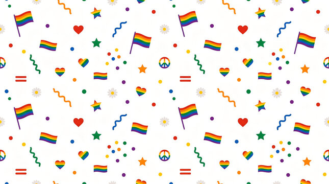 Colorful LGBTQ Pride Month Seamless Pattern with Rainbow Flags Hearts Stars and Confetti on White Background