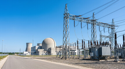 Obraz premium Nuclear Power Plant with High Voltage Electrical Substation and Power Grid Infrastructure under Blue Sky