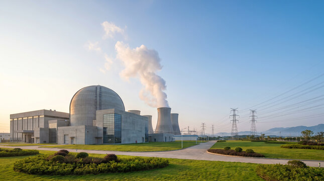 Nuclear Power Plant with Cooling Towers and Electricity Pylons at Sunset