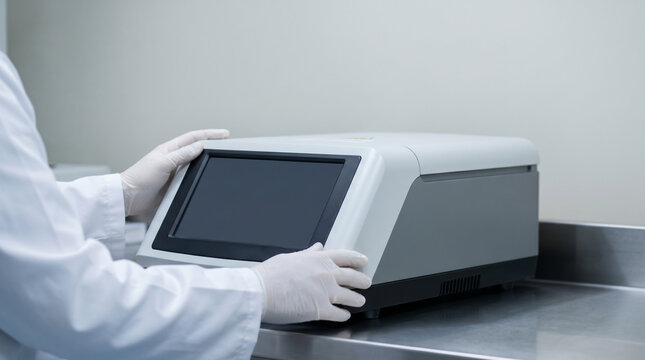 Scientist in Lab Coat Using High-Tech Medical Diagnostic Machine with Touchscreen in Laboratory