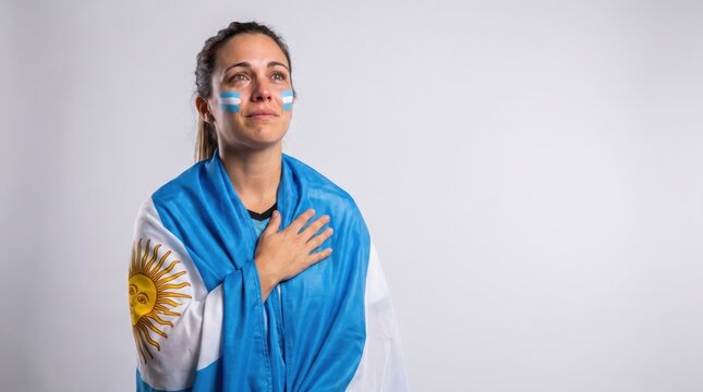 Young female Argentine fan with flag and painted face showing patriotism.