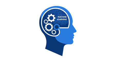Obraz premium Machine Learning and Artificial Intelligence Concept Icon with Human Head Silhouette, Gears, and Binary Code